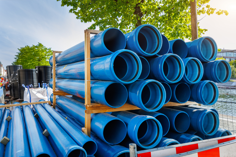 Close-up blue PVC plumbing pipes stacked