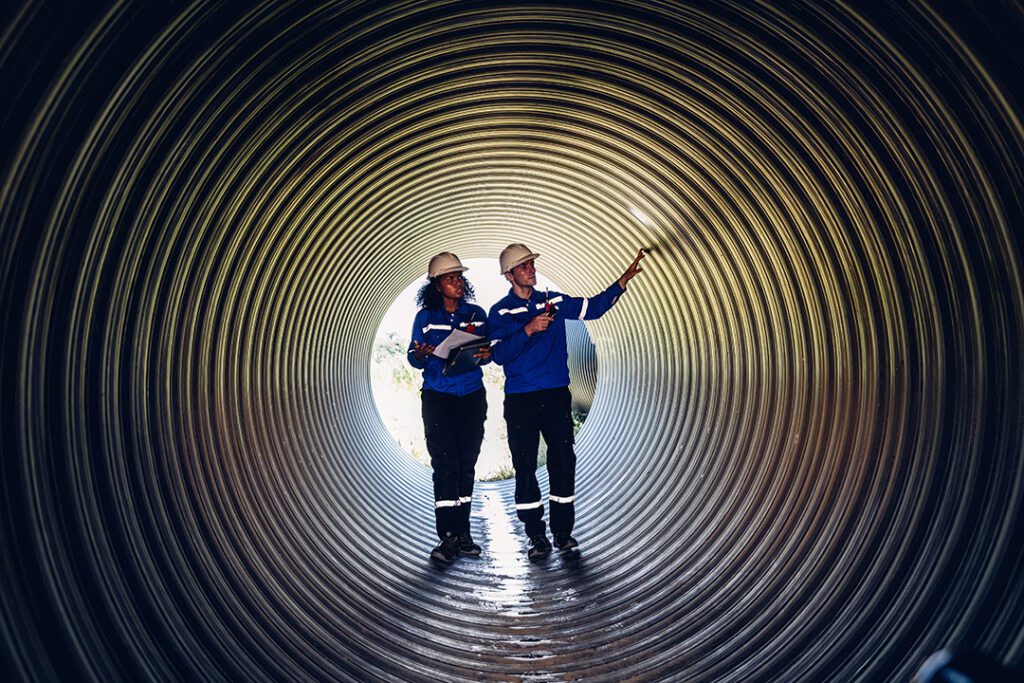 industry engineers walking inside circular water pipe Coastal Resources Group